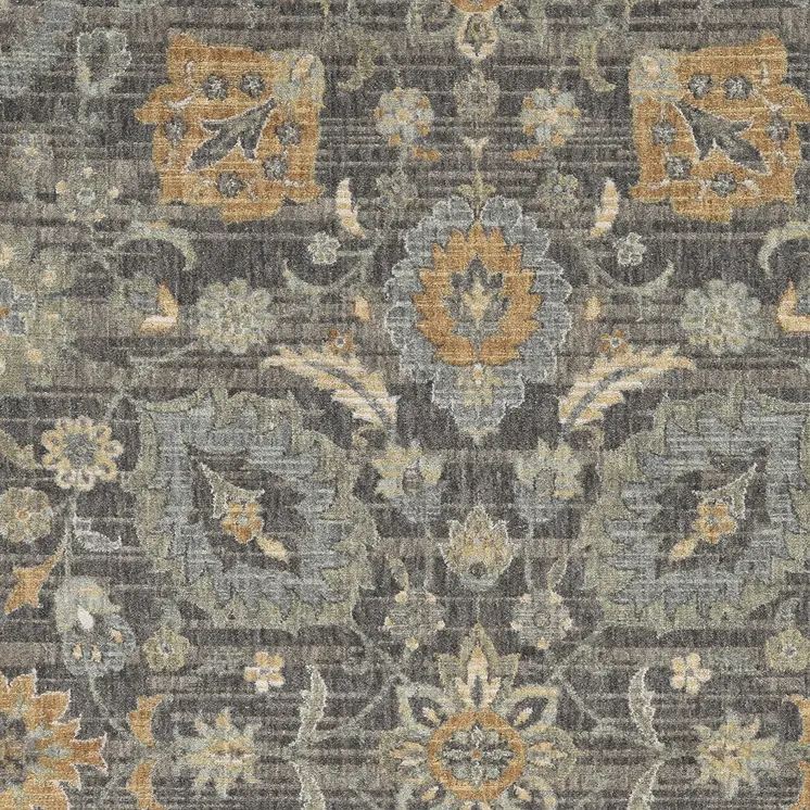 7' X 10' Black Orange And Gray Wool Floral Area Rug