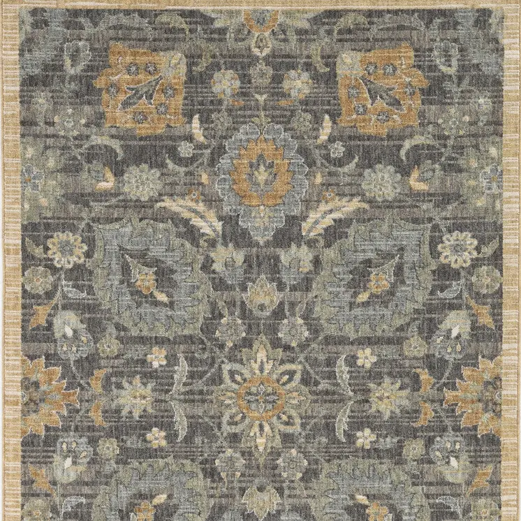 7' X 10' Black Orange And Gray Wool Floral Area Rug