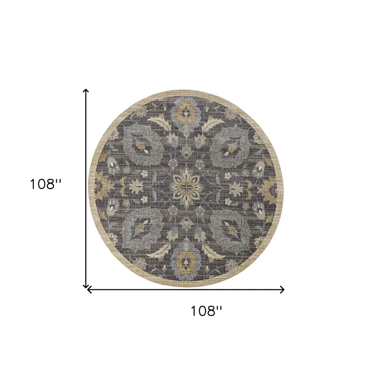 9' Taupe Orange And Gray Wool Floral Distressed Round Rug