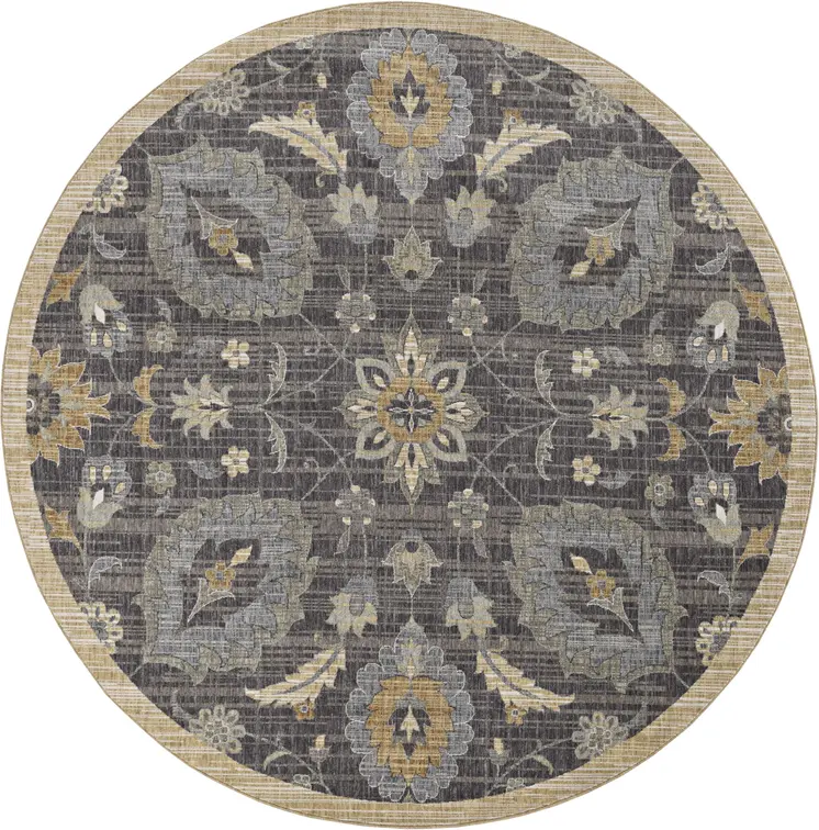 9' Taupe Orange And Gray Wool Floral Distressed Round Rug