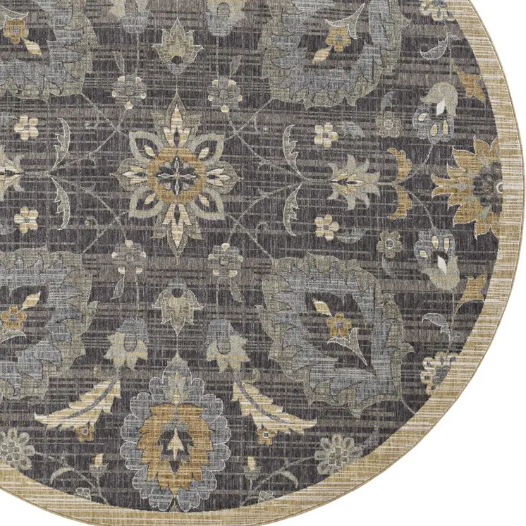 9' Taupe Orange And Gray Wool Floral Distressed Round Rug