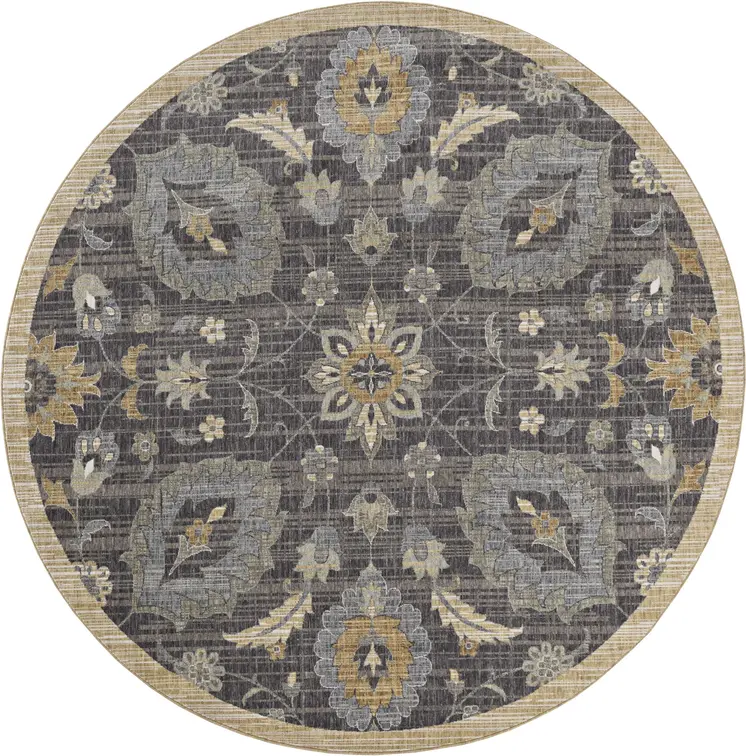 9' Taupe Orange And Gray Wool Floral Distressed Round Rug