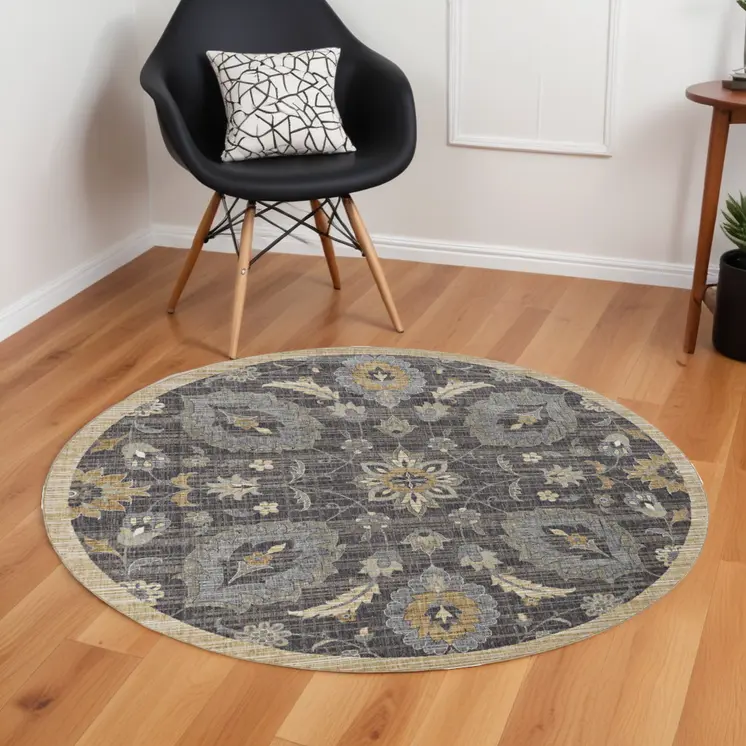 9' Taupe Orange And Gray Wool Floral Distressed Round Rug