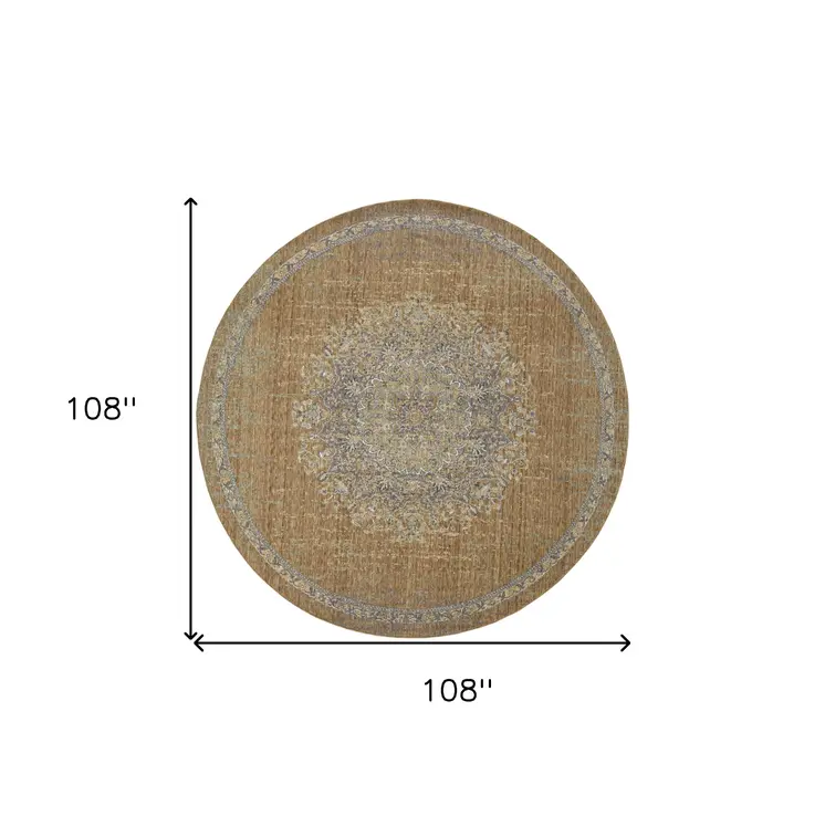 9' Coffee And Gray Wool Floral Medallion Distressed Round Rug