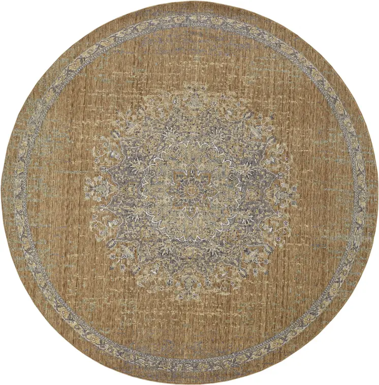 9' Coffee And Gray Wool Floral Medallion Distressed Round Rug