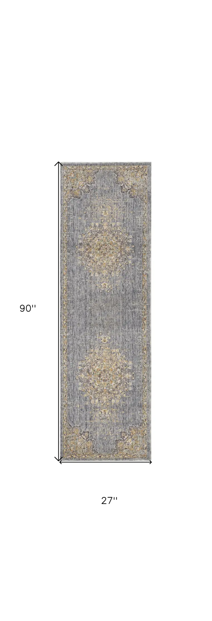 8' Slate Gray And Orange Wool Floral Medallion Distressed Runner Rug