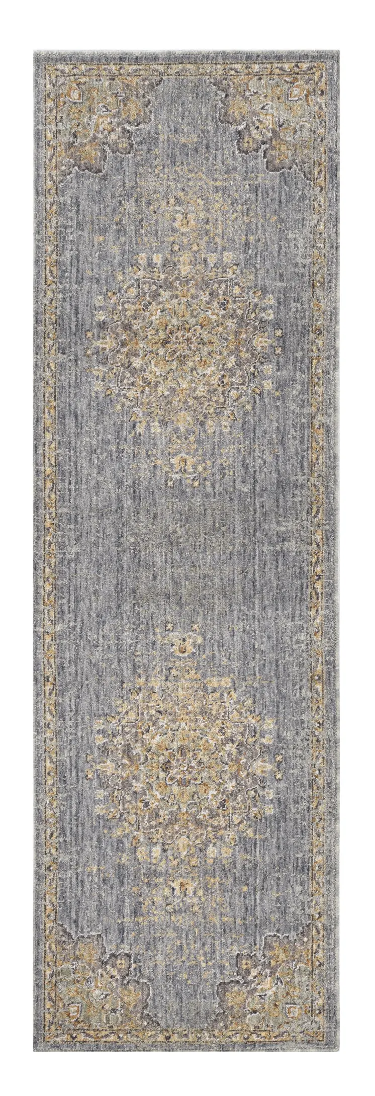 8' Slate Gray And Orange Wool Floral Medallion Distressed Runner Rug