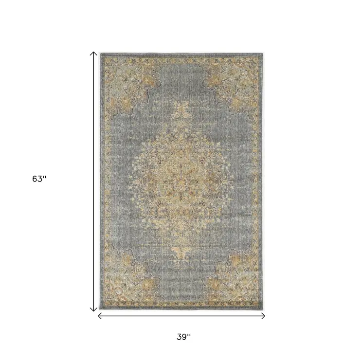3' X 5' Slate Gray And Orange Wool Medallion Distressed Area Rug