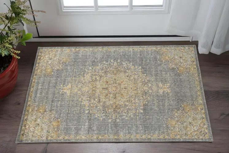 3' X 5' Slate Gray And Orange Wool Medallion Distressed Area Rug
