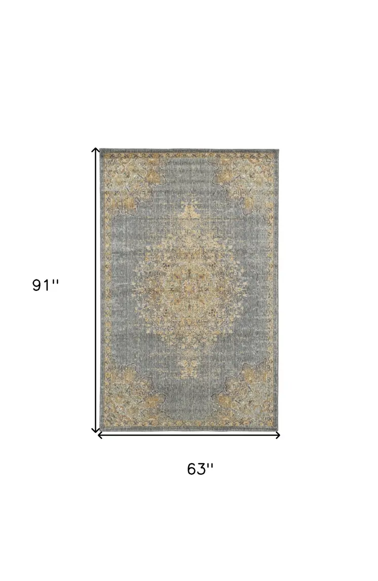 5' X 8' Slate Gray And Orange Wool Medallion Distressed Area Rug
