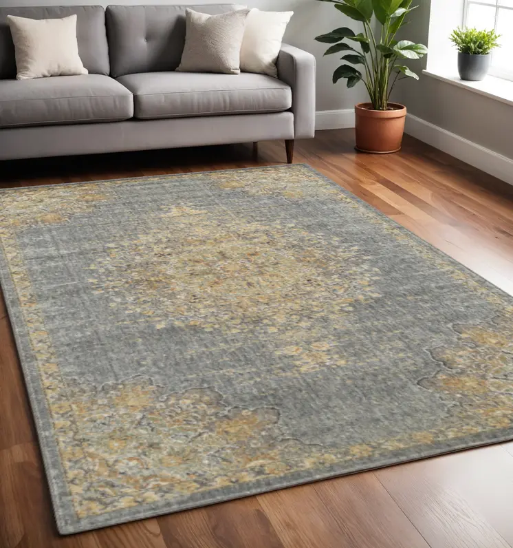 5' X 8' Slate Gray And Orange Wool Medallion Distressed Area Rug