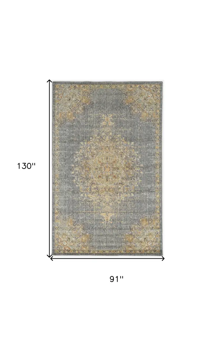 7' X 10' Slate Gray And Green Wool Medallion Area Rug
