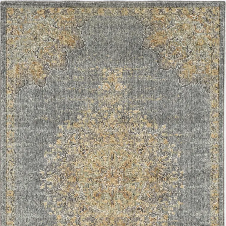 7' X 10' Slate Gray And Green Wool Medallion Area Rug