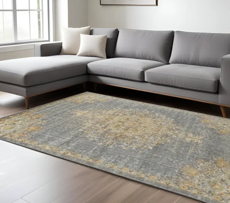 7' X 10' Slate Gray And Green Wool Medallion Area Rug
