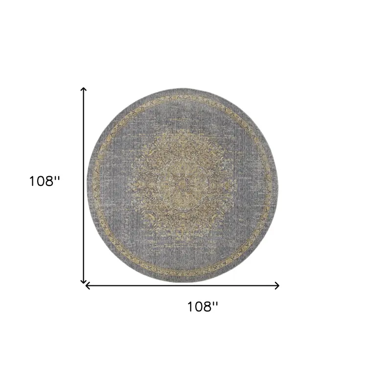 9' Slate Gray And Orange Wool Medallion Distressed Round Rug