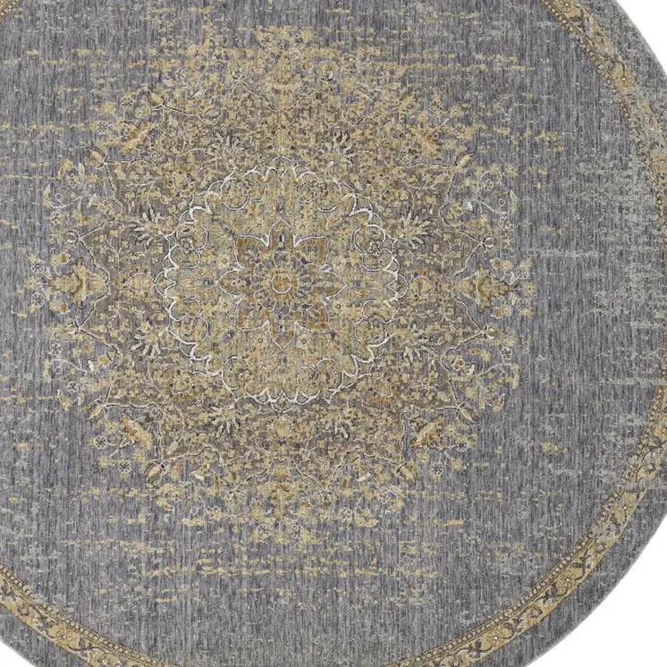 9' Slate Gray And Orange Wool Medallion Distressed Round Rug