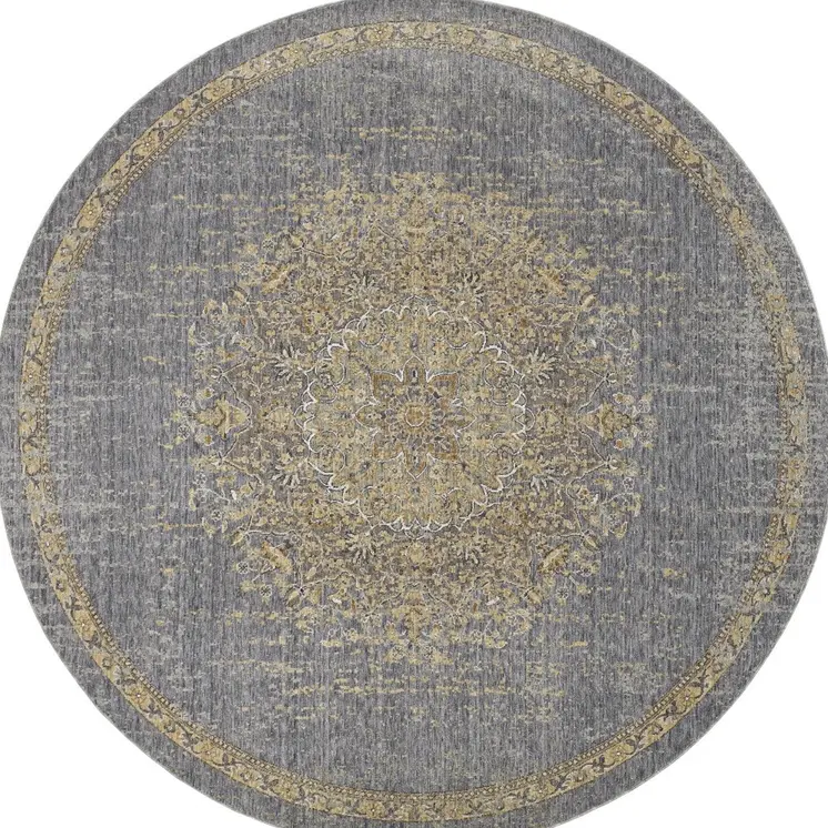9' Slate Gray And Orange Wool Medallion Distressed Round Rug