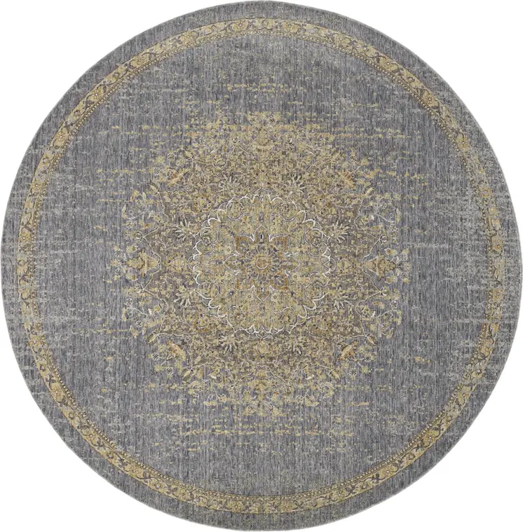 9' Slate Gray And Orange Wool Medallion Distressed Round Rug