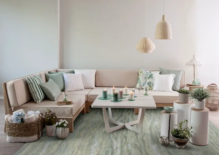 5' X 7' Blue Green And Beige Abstract Hand Tufted Area Rug