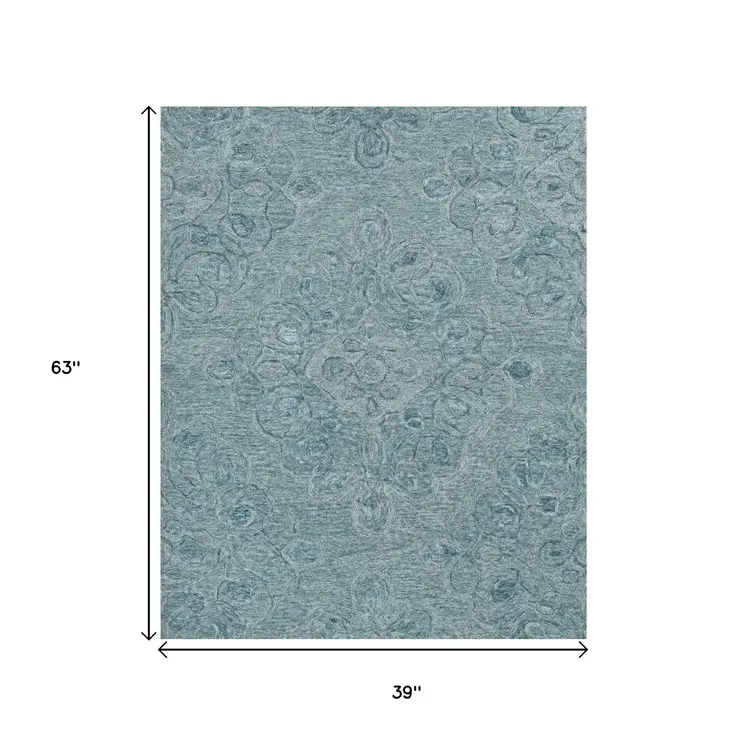 3' X 5' Blue And White Floral Hand Tufted Area Rug