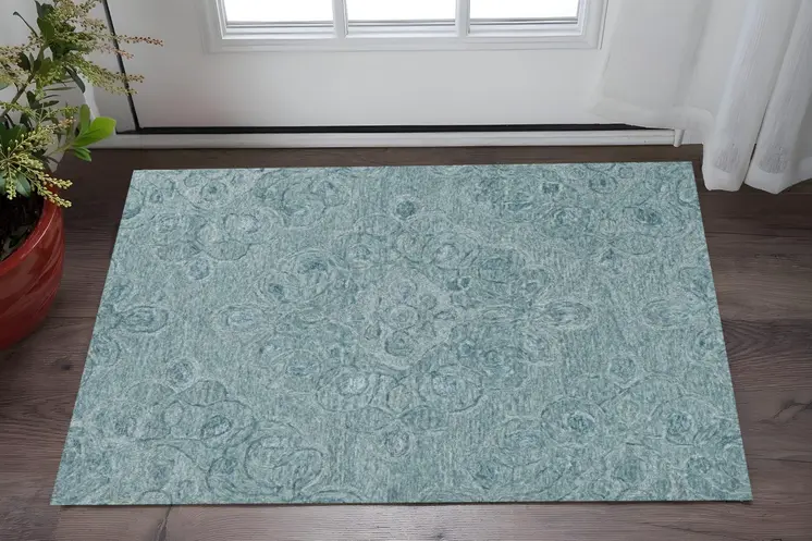 3' X 5' Blue And White Floral Hand Tufted Area Rug