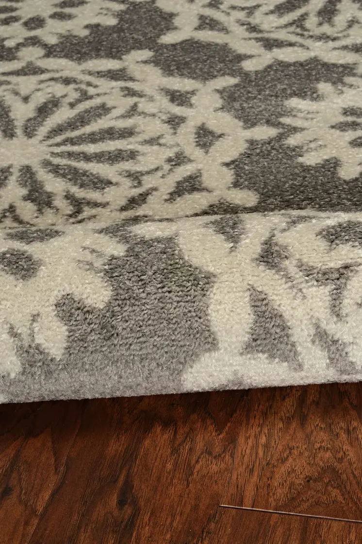 7' Gray And Ivory Floral Runner Rug