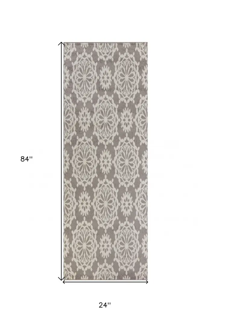 7' Gray And Ivory Floral Runner Rug