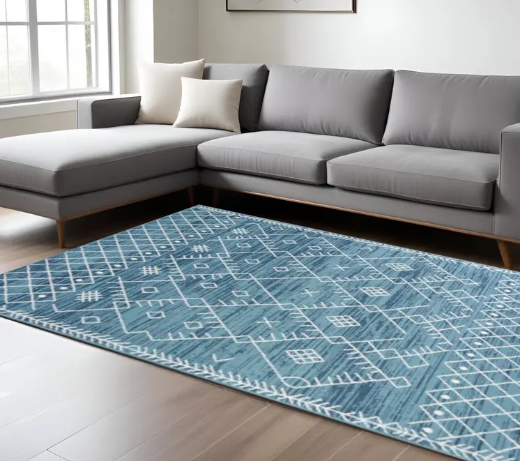 7' Ocean Blue Machine Woven Geometric Tribal Indoor Runner Rug