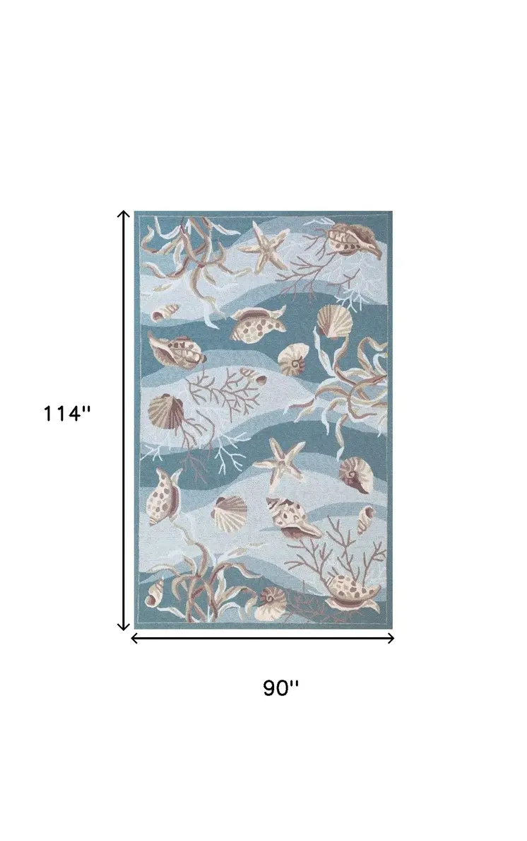 8' X 10' Blue Blue And Beige Seashell and Coral Hand Tufted Area Rug