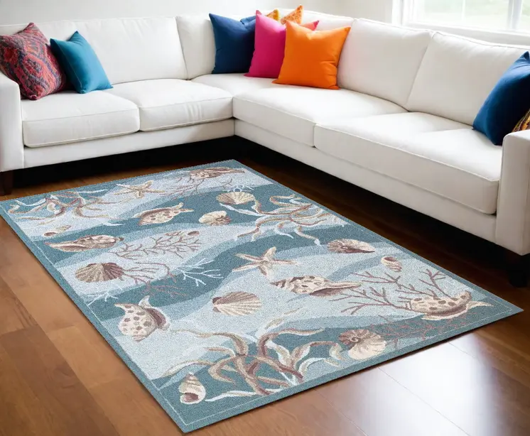 8' X 10' Blue Blue And Beige Seashell and Coral Hand Tufted Area Rug