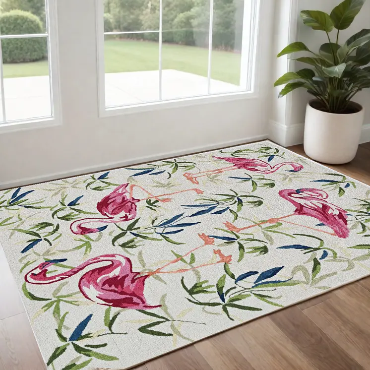 2' X 3' Pink and Ivory Tropical Floral Hand Tufted Area Rug