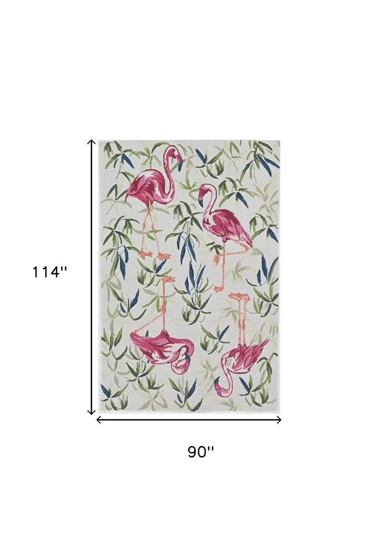8' X 10' Ivory And Pink Flamingo Hand Hooked Area Rug