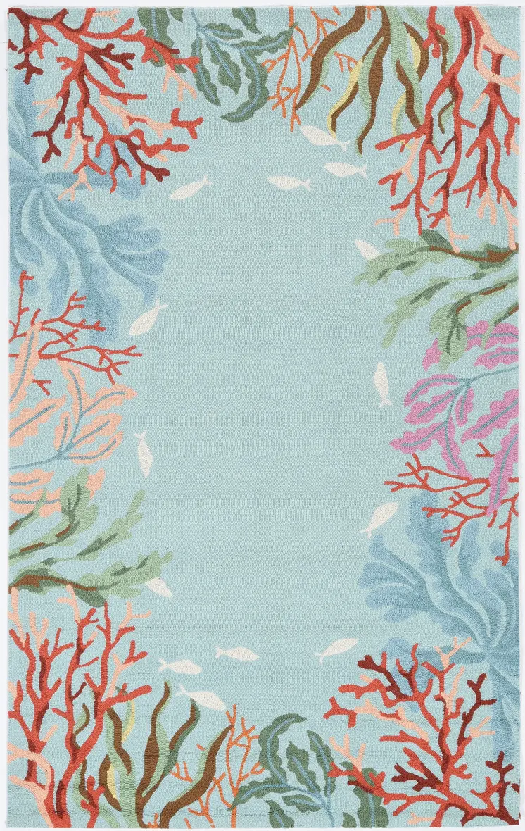 2' X 4' Blue Hand Hooked Bordered Coral Reef Indoor Accent Rug