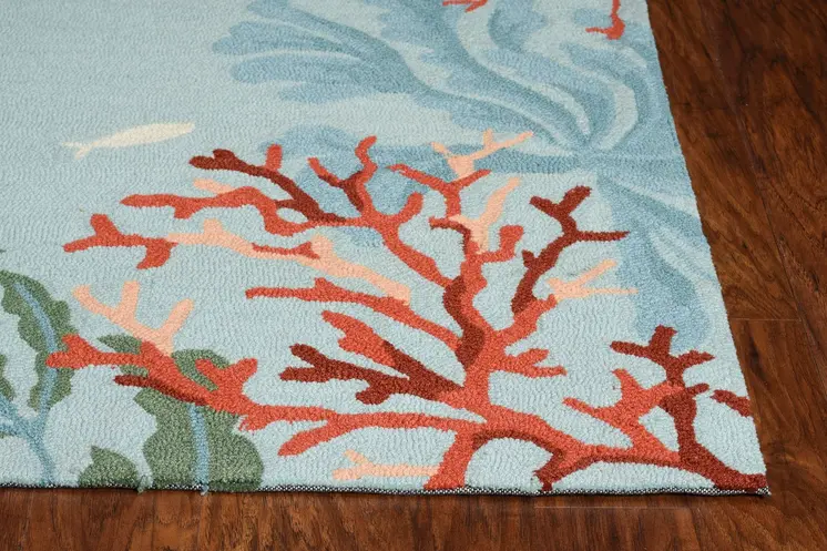 2' X 4' Blue Hand Hooked Bordered Coral Reef Indoor Accent Rug