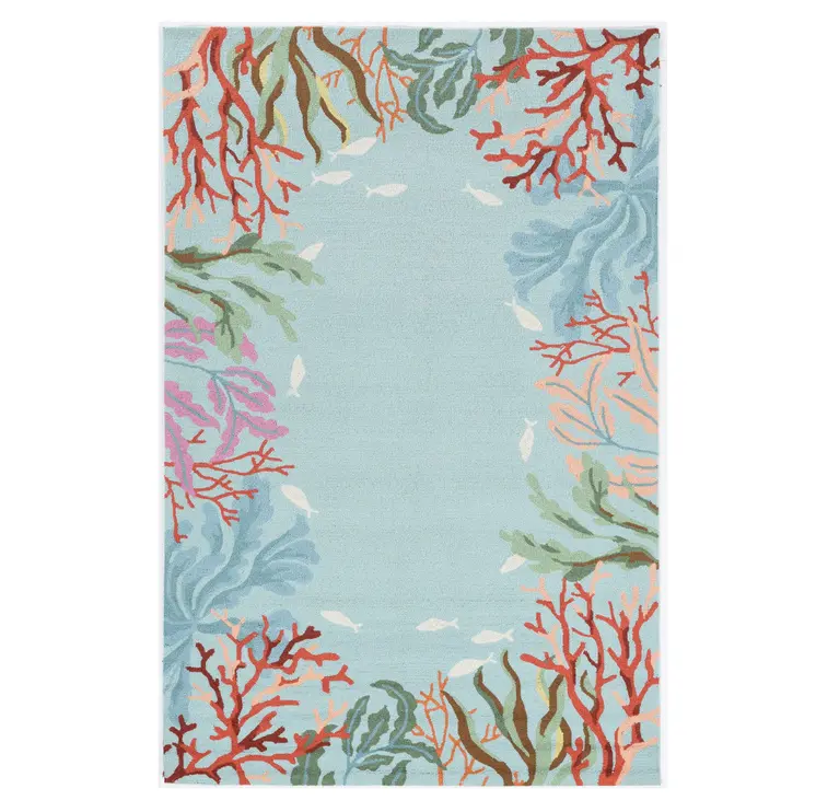 2' X 4' Blue Hand Hooked Bordered Coral Reef Indoor Accent Rug