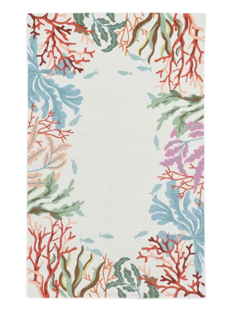5' X 7' Ivory Red And Pink Fish and Coral Hand Tufted Area Rug