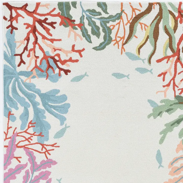8' X 10' Ivory Red And Pink Fish and Coral Hand Hooked Area Rug