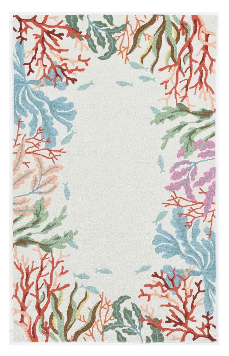 8' X 10' Ivory Red And Pink Fish and Coral Hand Hooked Area Rug