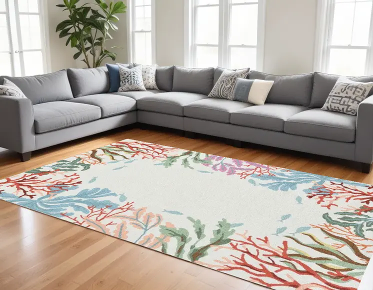 8' X 10' Ivory Red And Pink Fish and Coral Hand Hooked Area Rug