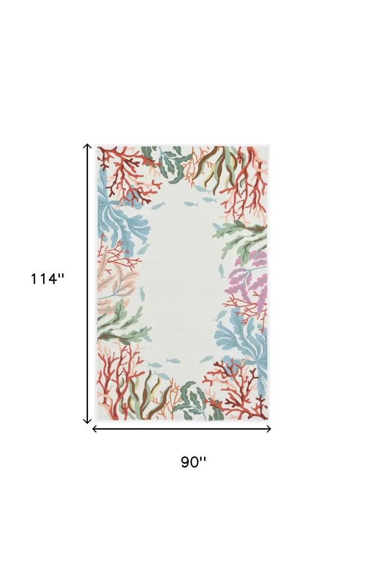 8' X 10' Ivory Red And Pink Fish and Coral Hand Hooked Area Rug