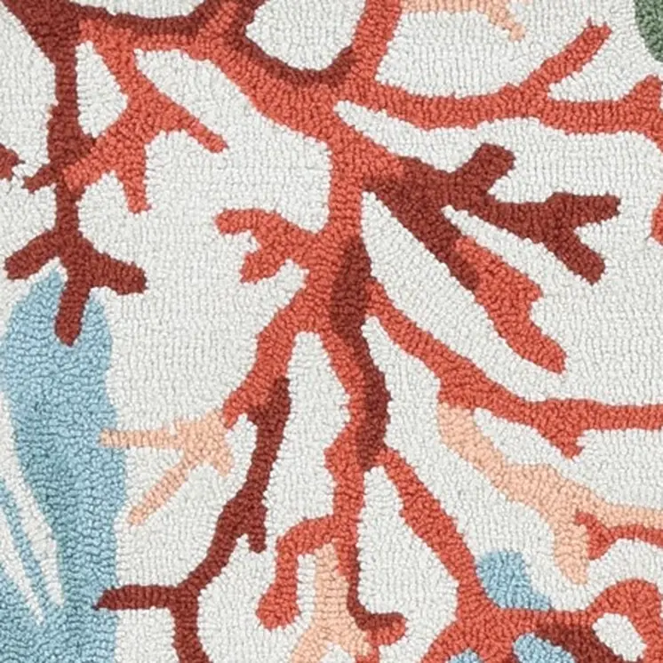 8' X 10' Ivory Red And Pink Fish and Coral Hand Hooked Area Rug