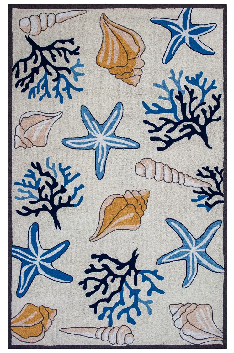 3' X 5' Ivory and Blue Seashell Hand Hooked Area Rug
