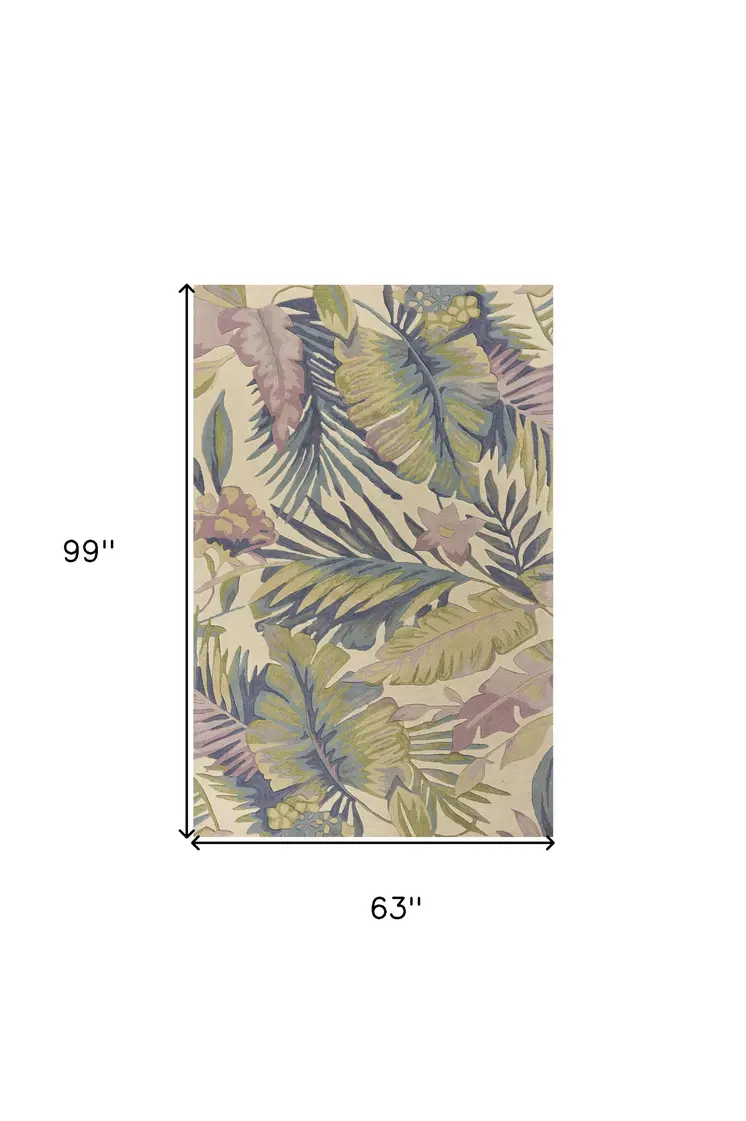 5' X 8' Ivory Blue And Green Wool Tropical Botanical Hand Tufted Area Rug