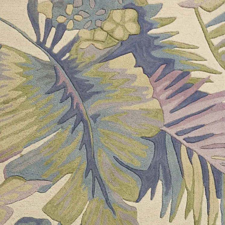 5' X 8' Ivory Blue And Green Wool Tropical Botanical Hand Tufted Area Rug