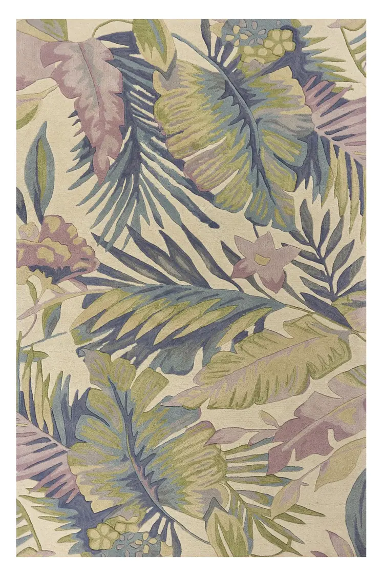 5' X 8' Ivory Blue And Green Wool Tropical Botanical Hand Tufted Area Rug