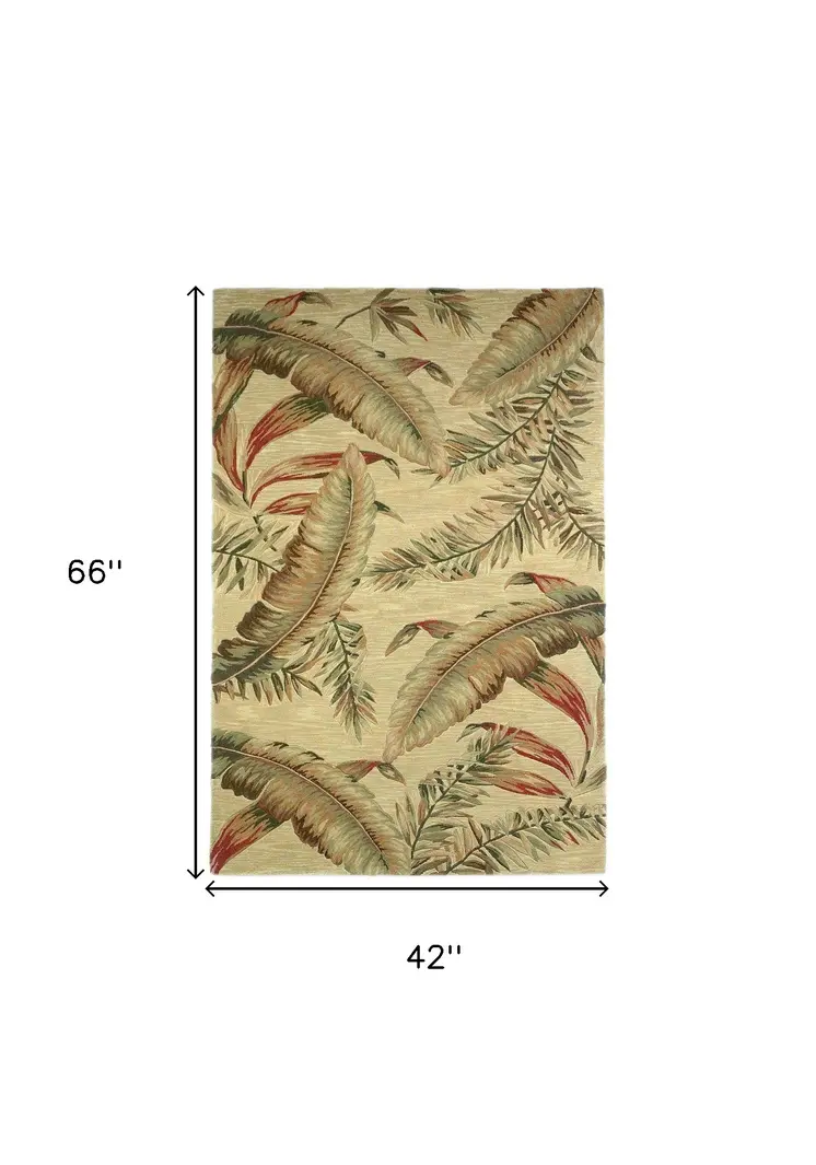 4' X 6' Ivory Green And Red Wool Botanical Leaves Hand Tufted Area Rug