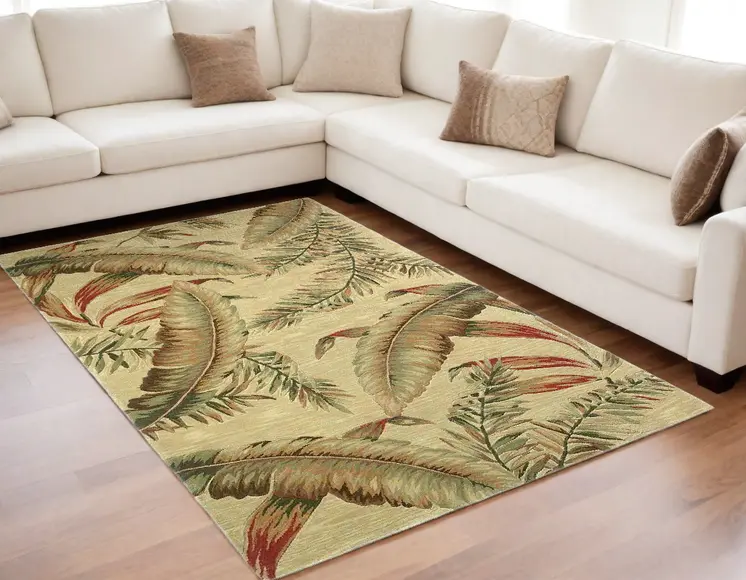 5' X 8' Cream And Taupe Wool Tropical Botanical Hand Tufted Area Rug