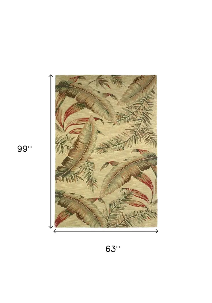 5' X 8' Cream And Taupe Wool Tropical Botanical Hand Tufted Area Rug