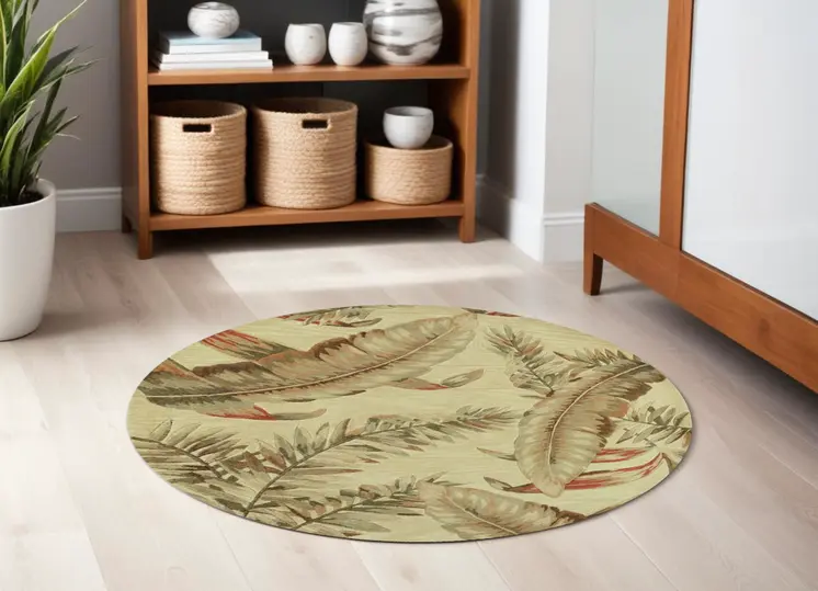 5' Light Brown and Brown Wool Tropical Botanical Hand Tufted Round Rug