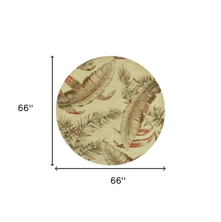 5' Light Brown and Brown Wool Tropical Botanical Hand Tufted Round Rug